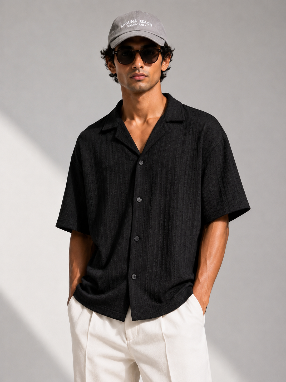 Black Zara Textured Cuban Collar Shirt