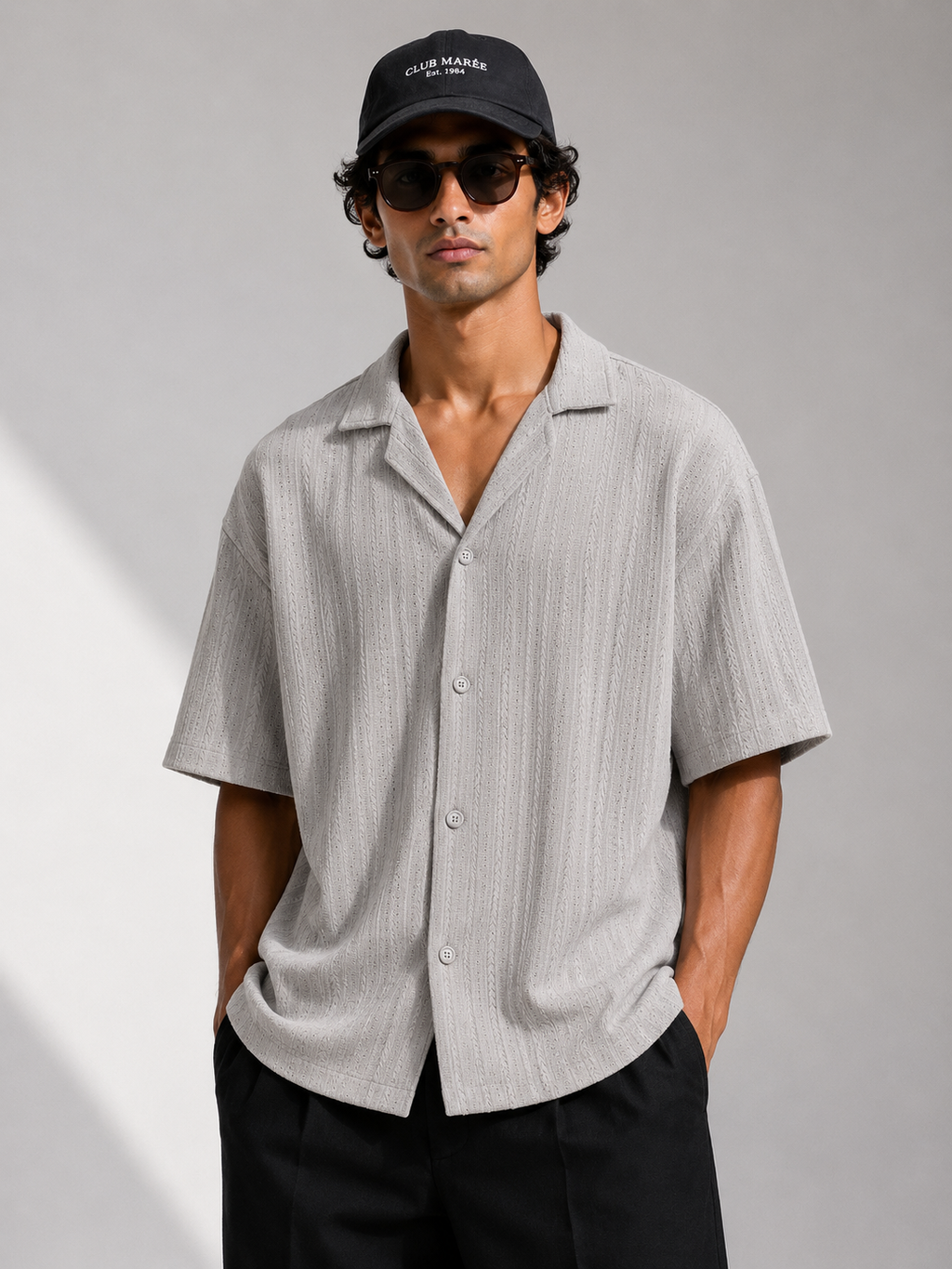 Grey Zara Textured Cuban Collar Shirt