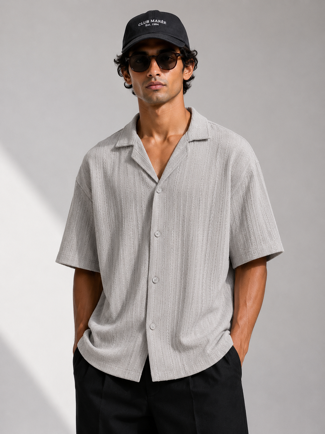 Grey Zara Textured Cuban Collar Shirt