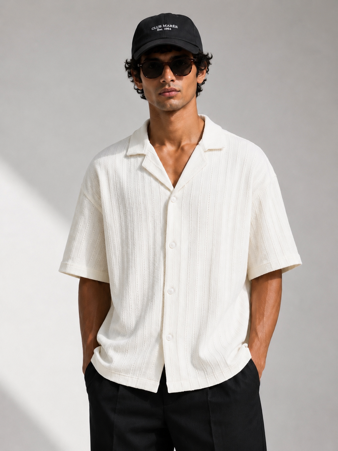White Zara Textured Cuban Collar Shirt